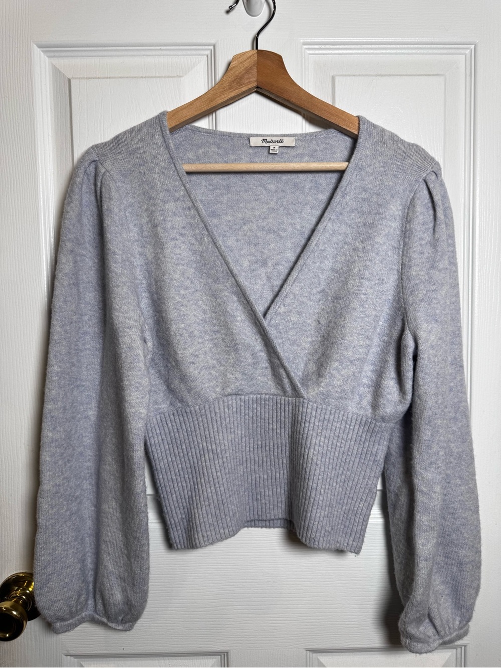 Madewell Wrap V-Neck Sweater Merino Alpaca Heather Serene Blue Puff Sleeve Med